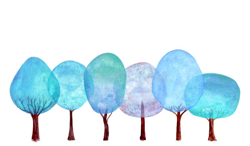 Winter trees background. Watercolor cartoon blue colorful fresh overlapping tree collection isolated on white background. Watercolour hand drawn botanical illustration. Winter trees background. Watercolor cartoon blue colorful fresh overlapping tree collection isolated on white background. Watercolour hand drawn botanical illustration